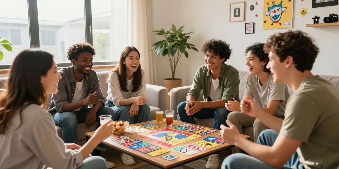 Freunde genießen ein Quiz Allgemeinwissen in einem modernen Wohnzimmer.
