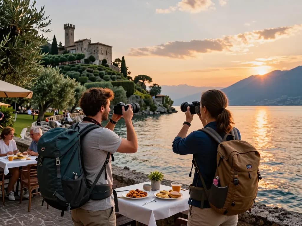 Urlaub am Gardasee: Reisende genießen die malerische Aussicht am Gardasee während des Sonnenuntergangs.