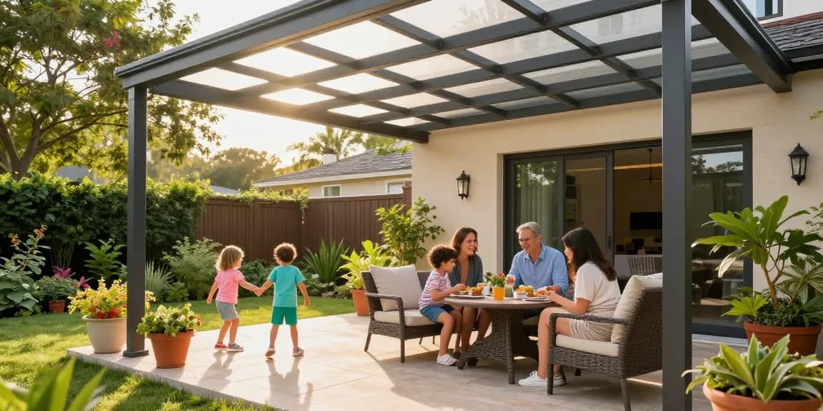 Moderne Terrassenüberdachung mit Familie beim Tee auf sonniger Terrasse.