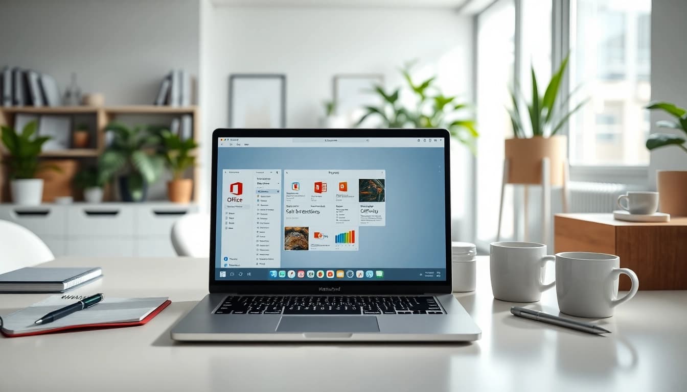 Bequeme Nutzung der Office 2024 Mac Business Version auf einem modernen MacBook im Büro.