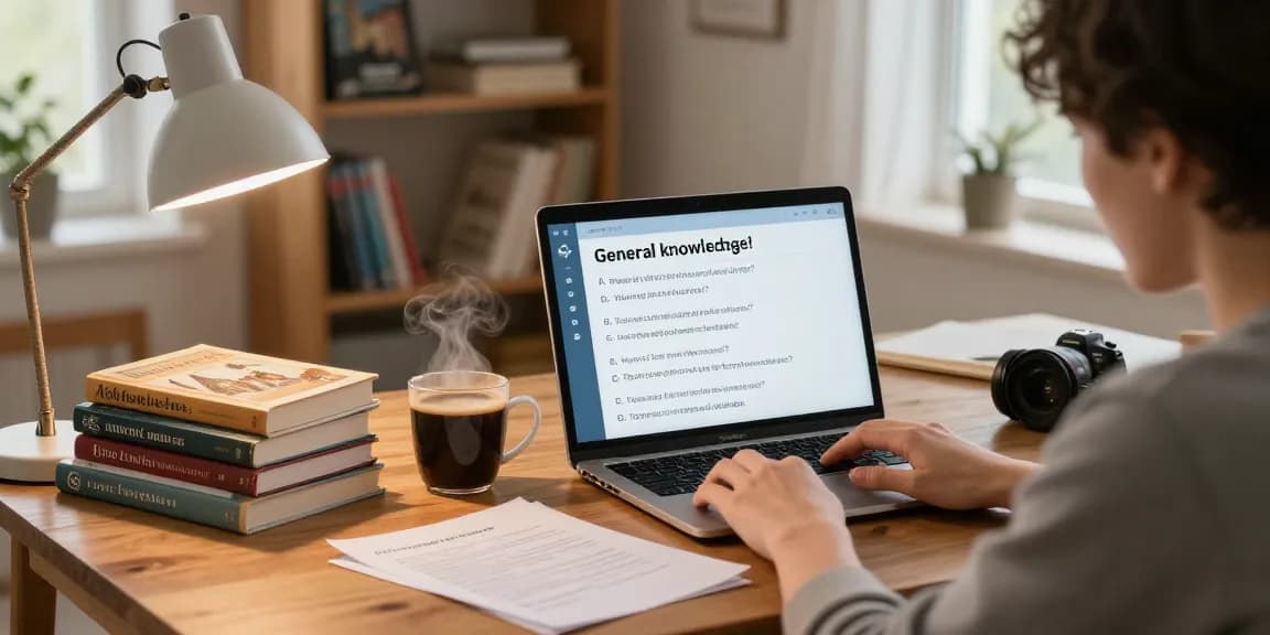 Engaging quiz Allgemeinwissen scene in a cozy home study with a person studying trivia.