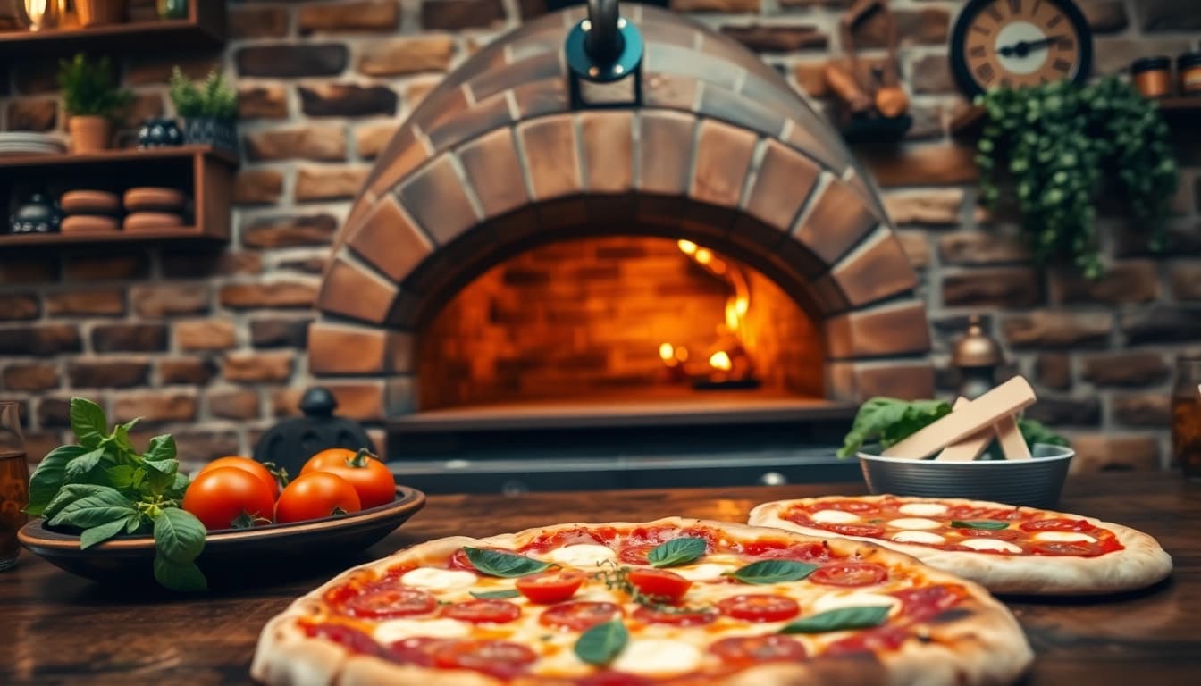 Pizzeria in der Nähe bietet frisch gebackene Pizza mit liebevollen Zutaten.