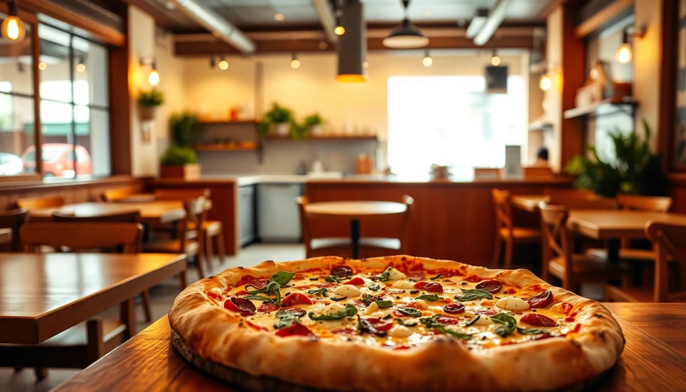 Pizzeria in der Nähe bietet köstliche Holzofenpizza mit frischen Zutaten in einem einladenden Ambiente.