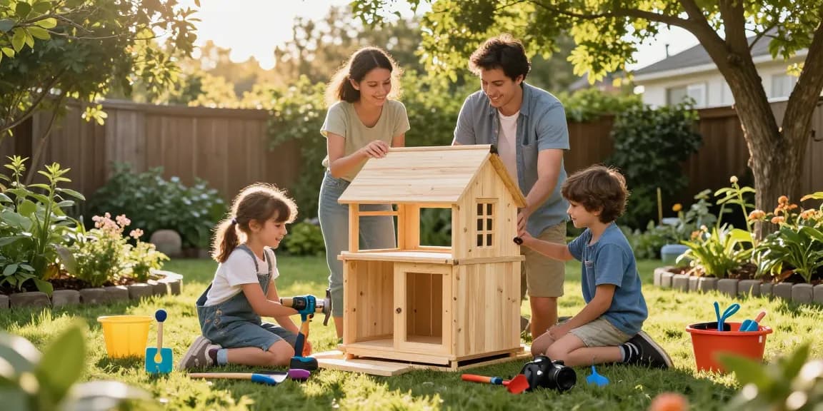 Gartenhaus kaufen mit einer Familie, die gemeinsam ein Holz-Gartenhaus im Garten aufbaut, umgeben von bunten Gartengeräten und Pflanzen.