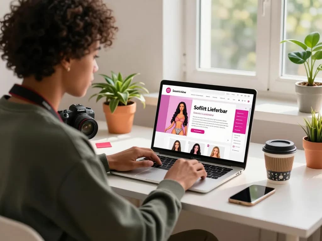 Sofort Lieferbar Einkaufserlebnis mit einer stilvollen Person, die online nach Sexpuppen in einem lebhaften E-Commerce-Shop stöbert.