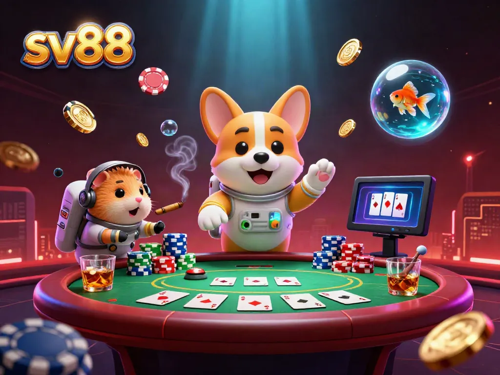 Engage in thrilling gaming experiences at sv88 with a vibrant space casino scene featuring unique characters.