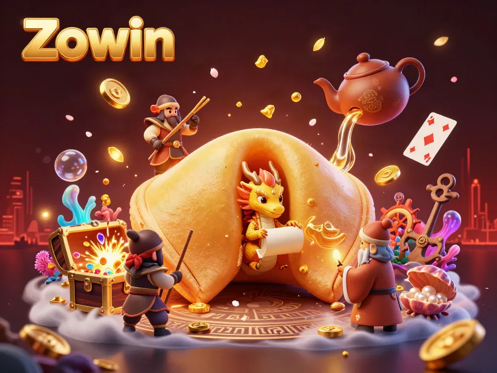 Zowin showcases a vibrant and engaging casino scene with a wise dragon and golden fortune cookie.
