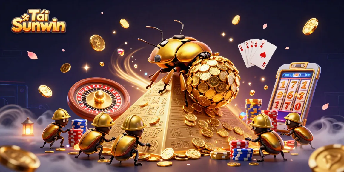 Tải Sunwin with a golden dung beetle and casino symbols in a dynamic 3D casino illustration.