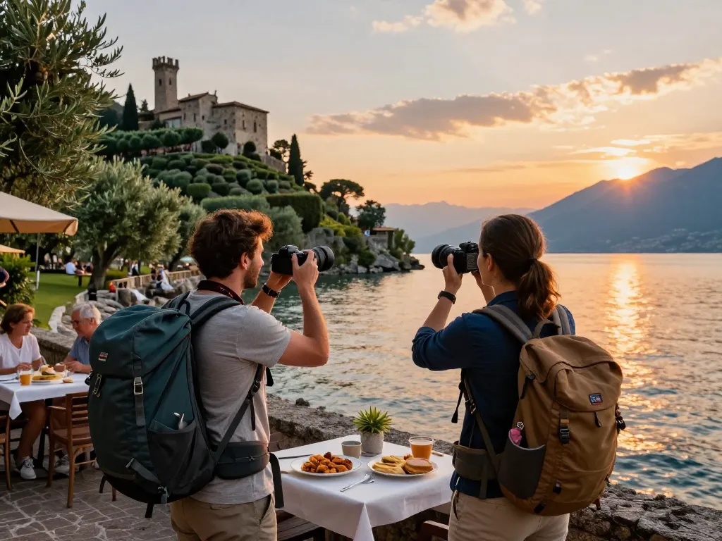 Urlaub am Gardasee: Reisende genießen die malerische Aussicht am Gardasee während des Sonnenuntergangs.