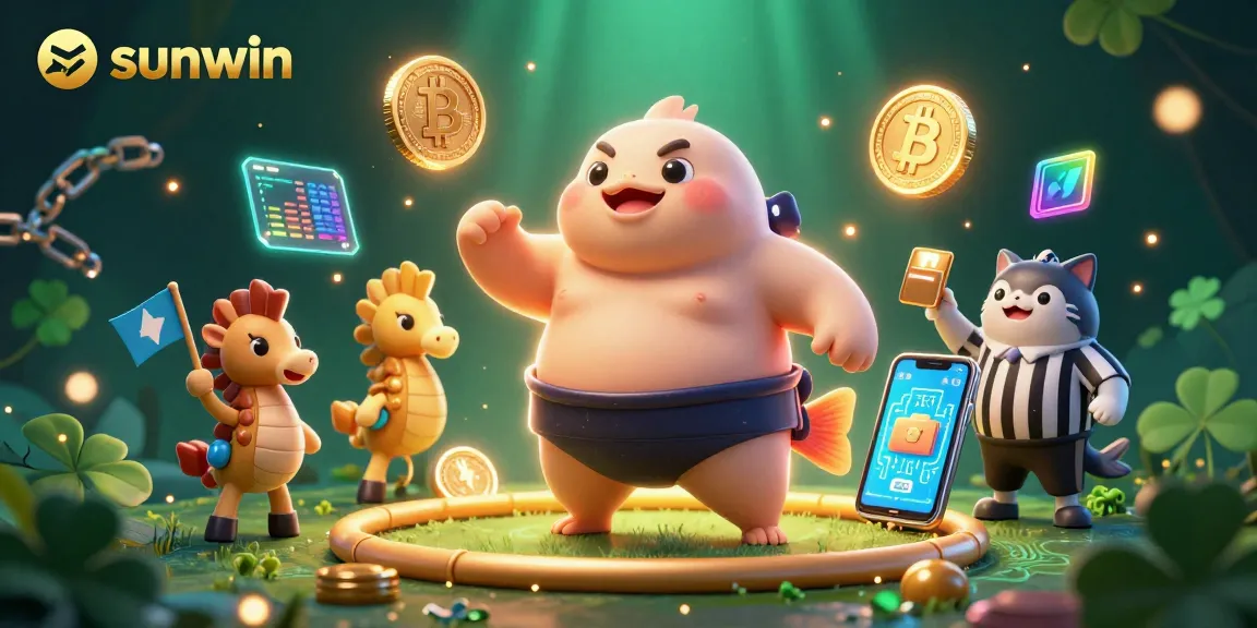 Experience sunwin's vibrant underwater casino scene with a puffed-up fugu and crypto elements.