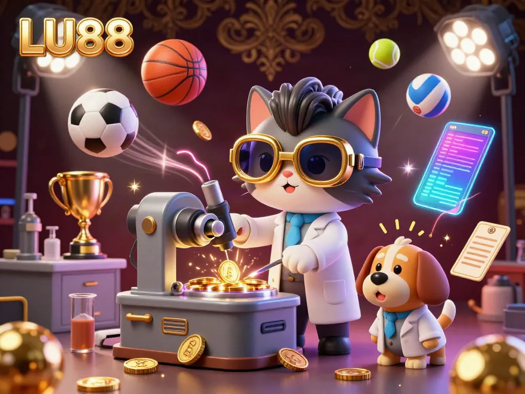 Engage with LU88's exciting casino atmosphere featuring a mad scientist cat and dog surrounded by colorful sports elements.