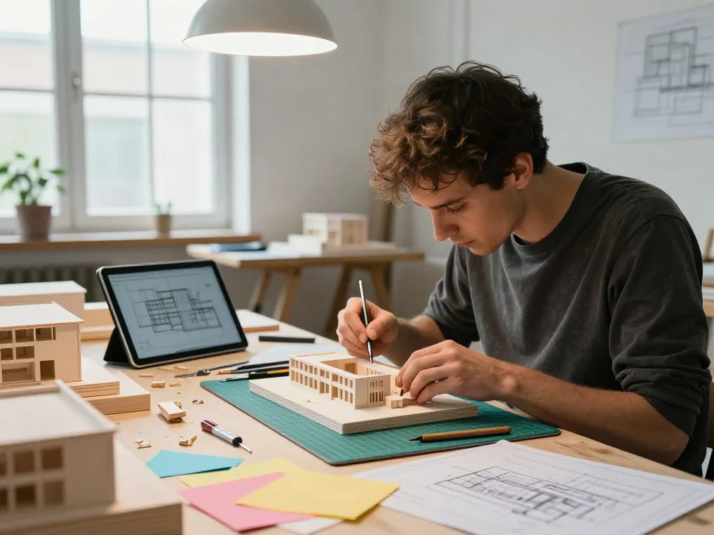 Arbeiten am Architekturmodellbau in den Niederlanden, Detailaufnahme von Materialien und Werkzeugen.
