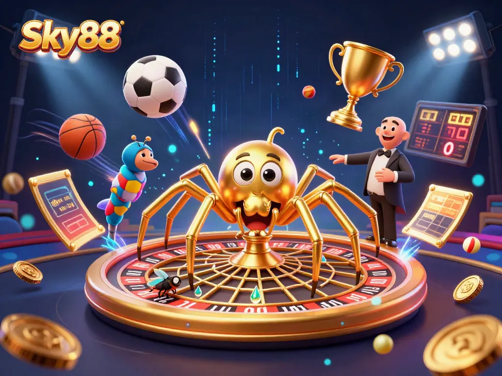 Bet with Sky88 at an electrifying casino scene featuring a roulette wheel and sports elements.