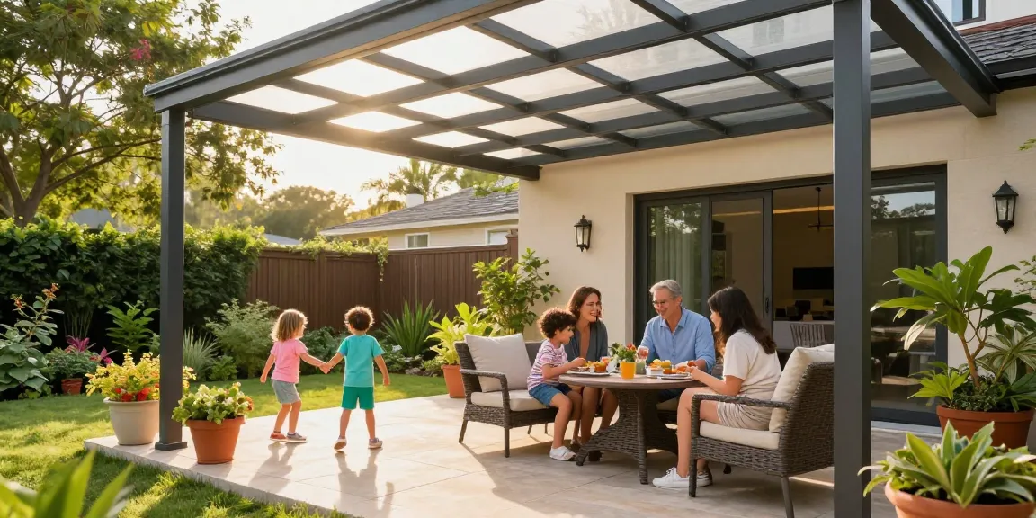 Moderne Terrassenüberdachung mit Familie beim Tee auf sonniger Terrasse.