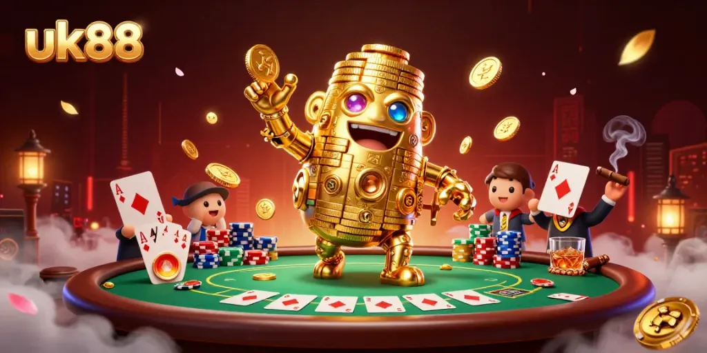 Engage in exciting gameplay with uk88's animated golden golem and vibrant poker scene.
