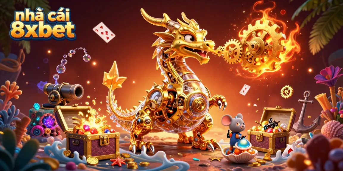 Engage with the vibrant world of nhà cái 8xbet featuring a golden dragon amidst rich gambling elements.