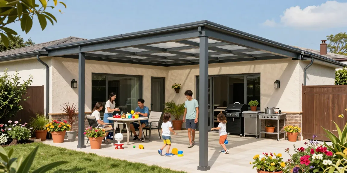 Terrassenüberdachungen in einem modernen Garten mit einer Familie, die eine sonnige Nachmittagszeit genießt.