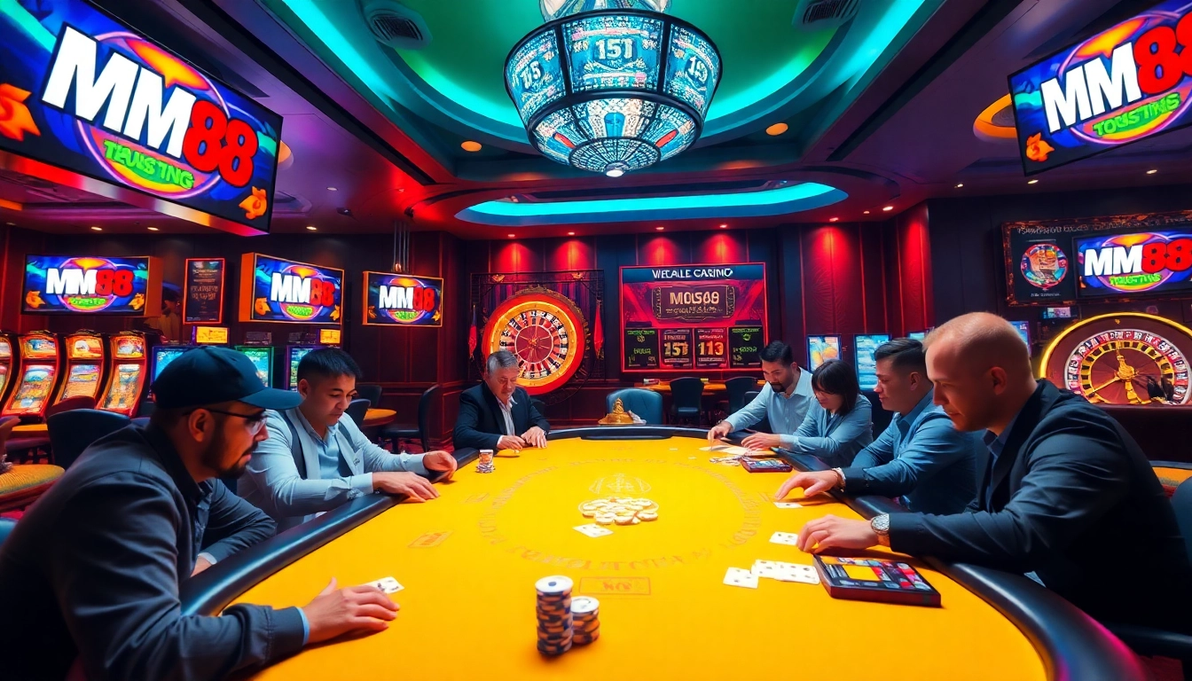 Players enjoy intense casino action at an MM88 poker table with vibrant chips and cards.