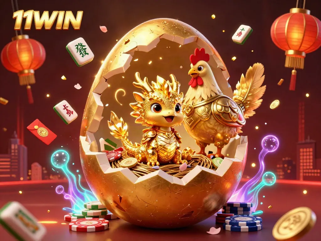 Experience engaging gameplay with 11WIN, featuring golden dragon treasures and vibrant casino elements.