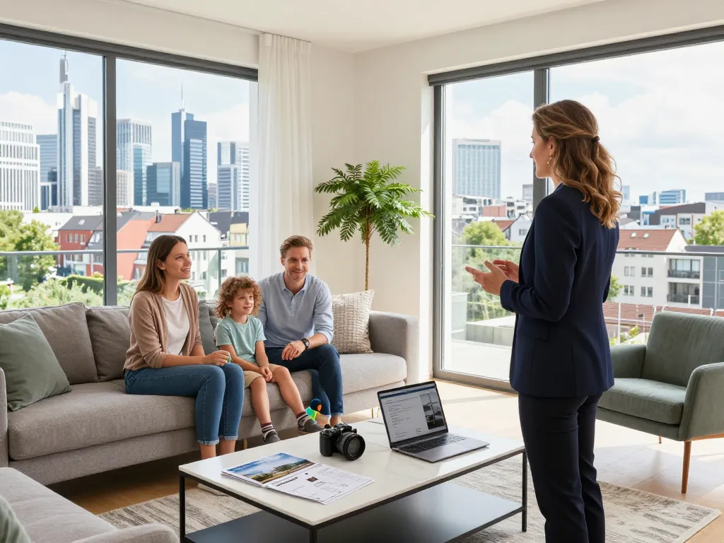 Immobilienmakler Frankfurt Sachsenhausen präsentiert potenziellen Käufern eine stilvolle moderne Immobilie in einem gut beleuchteten, ansprechenden Umfeld.