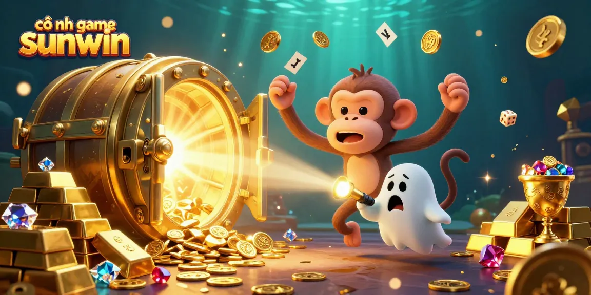 Cổng game sunwin showcases an energetic haunted casino scene with dynamic golden treasures and playful characters.