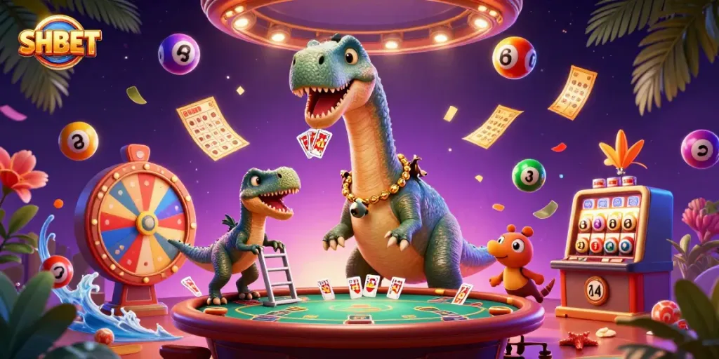 Experience thrilling gaming at SHBET with an enchanting scene filled with vibrant lottery and casino elements.