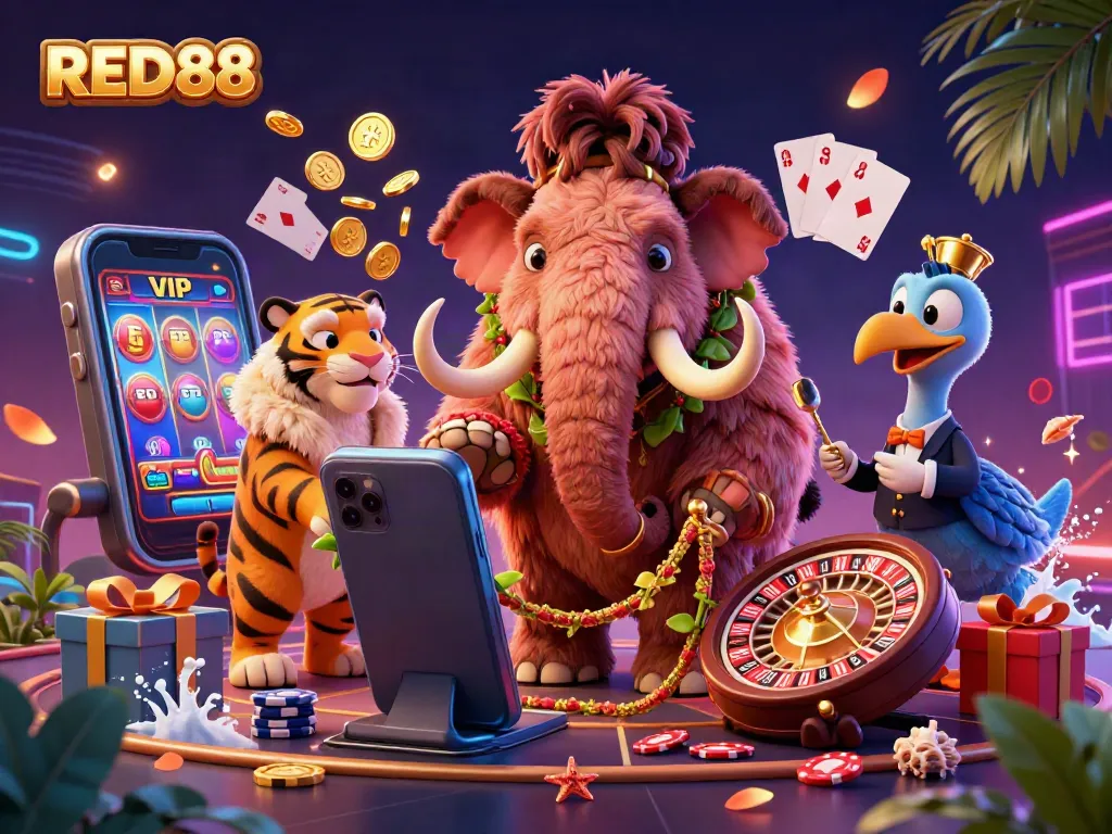 Experience the vibrant atmosphere of RED88 casino with a colorful scene featuring a woolly mammoth bouncer, saber-tooth VIP, and dodo doorman.