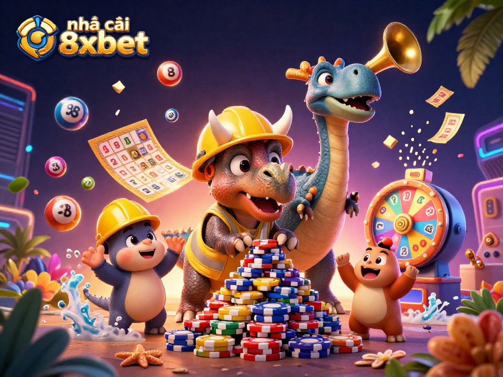 Experience exciting gaming moments at nhà cái 8xbet with lively characters celebrating casino success.