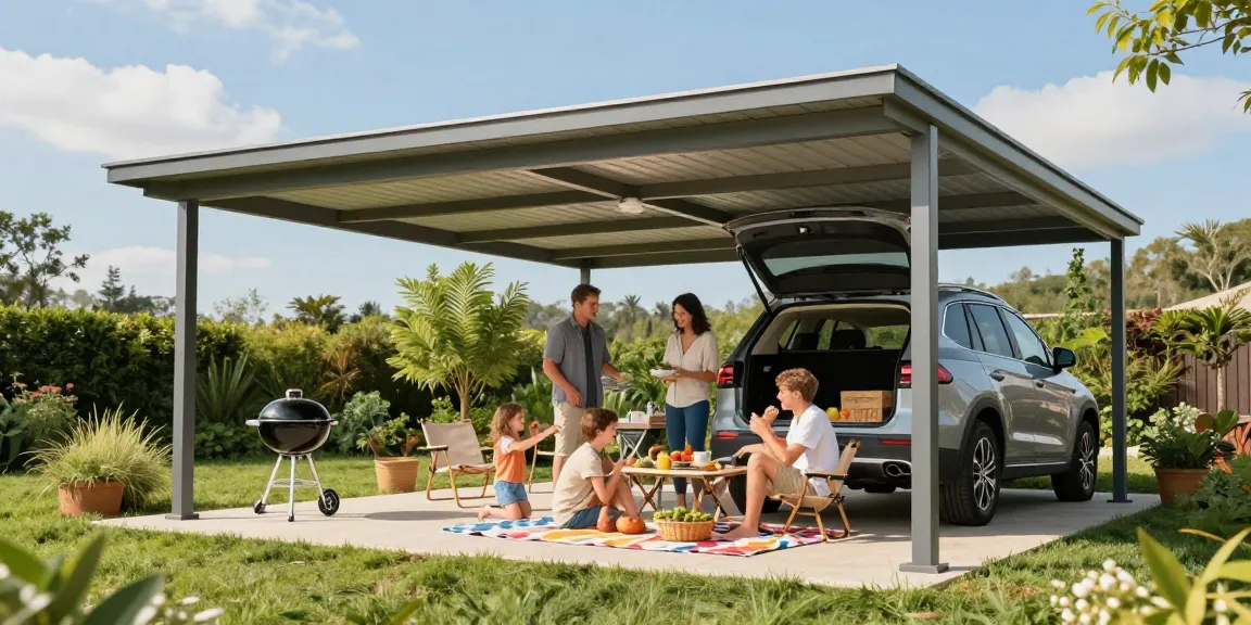 Carport schützt ein Familienpicknick an einem sonnigen Tag.