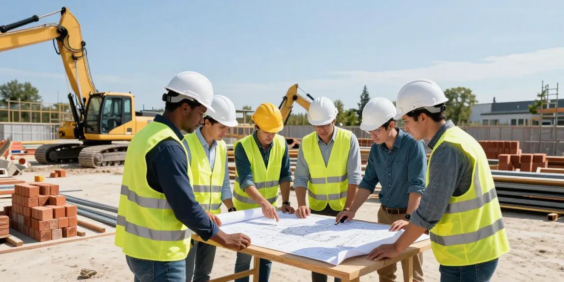 Generalunternehmer Augsburg Team arbeitet gemeinsam an Bauplänen vor Ort mit Maschinen und urbaner Kulisse.