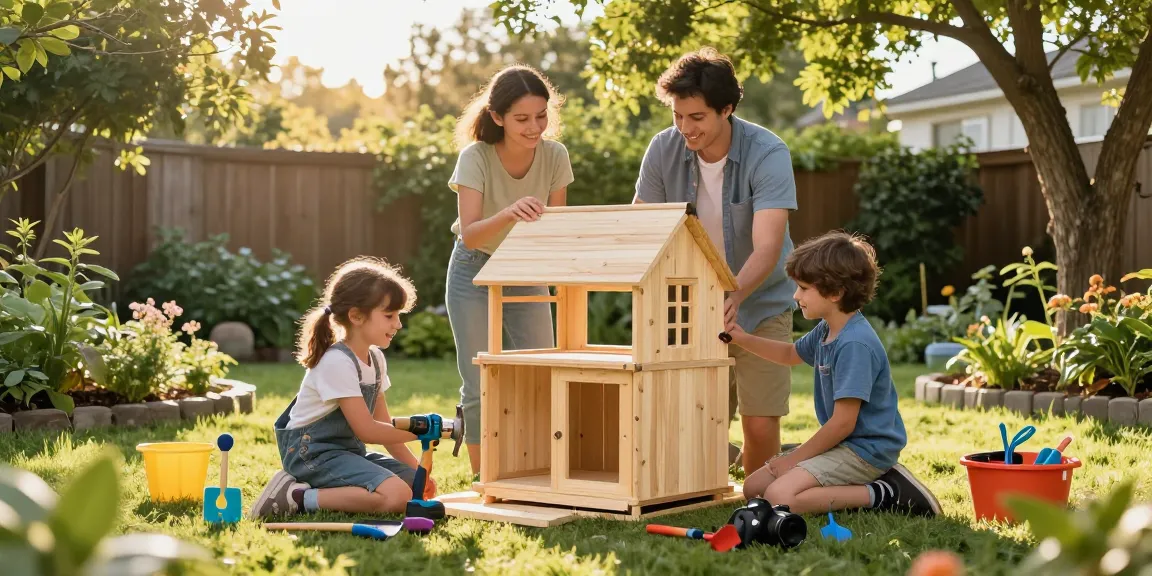 Gartenhaus kaufen mit einer Familie, die gemeinsam ein Holz-Gartenhaus im Garten aufbaut, umgeben von bunten Gartengeräten und Pflanzen.