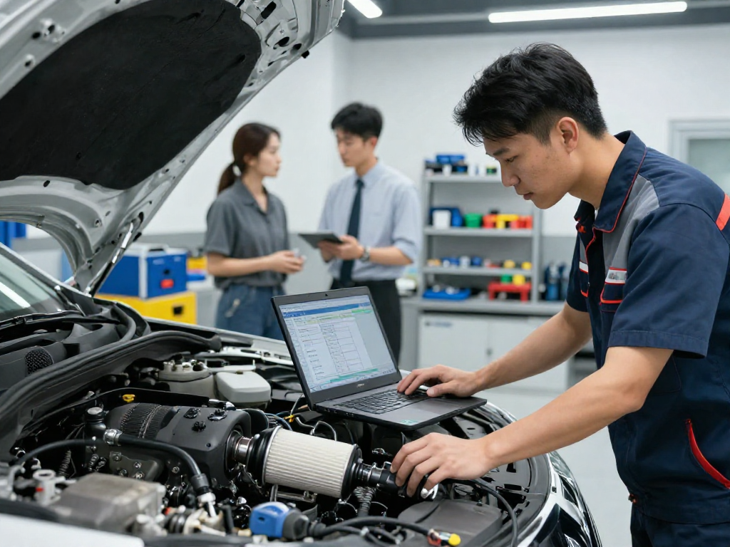 DPF Reinigung Hannover in moderner Werkstatt mit Mechaniker bei Diagnosearbeiten.