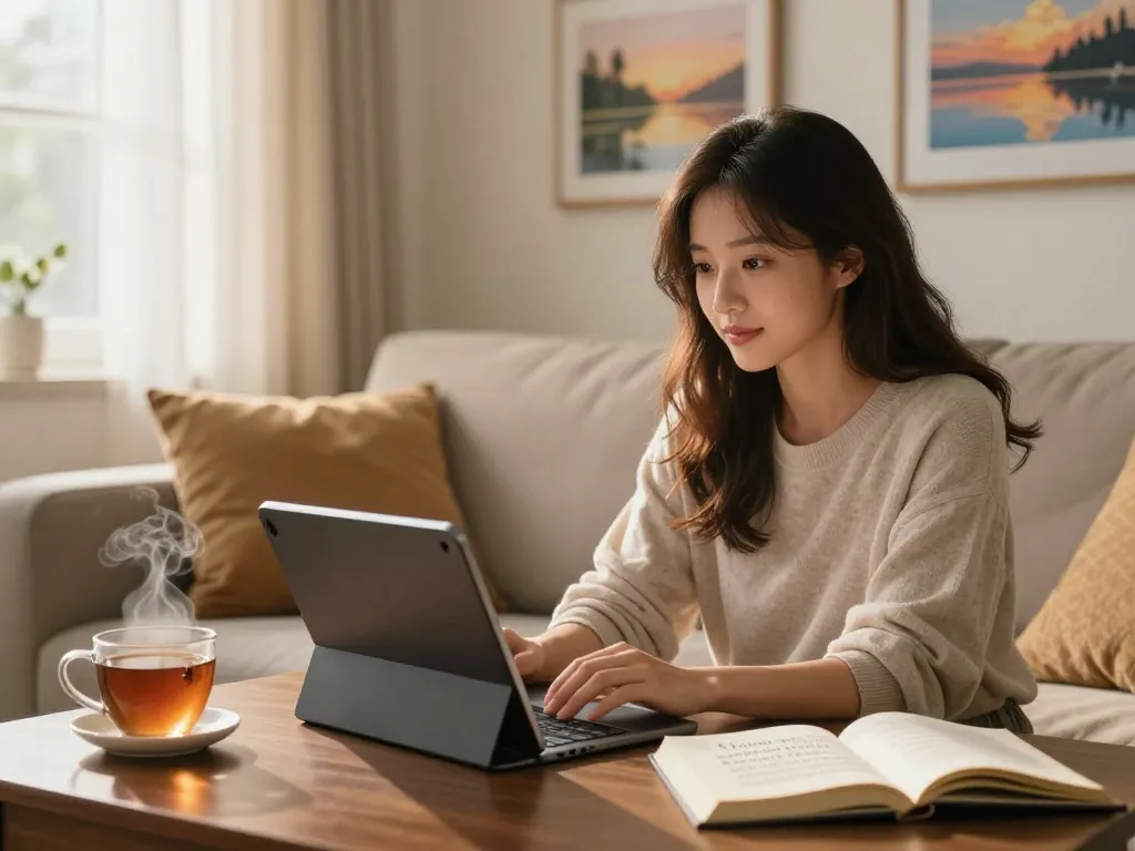 Engaging video call with girlfriend ai in a cozy home setting, highlighting emotional connection.