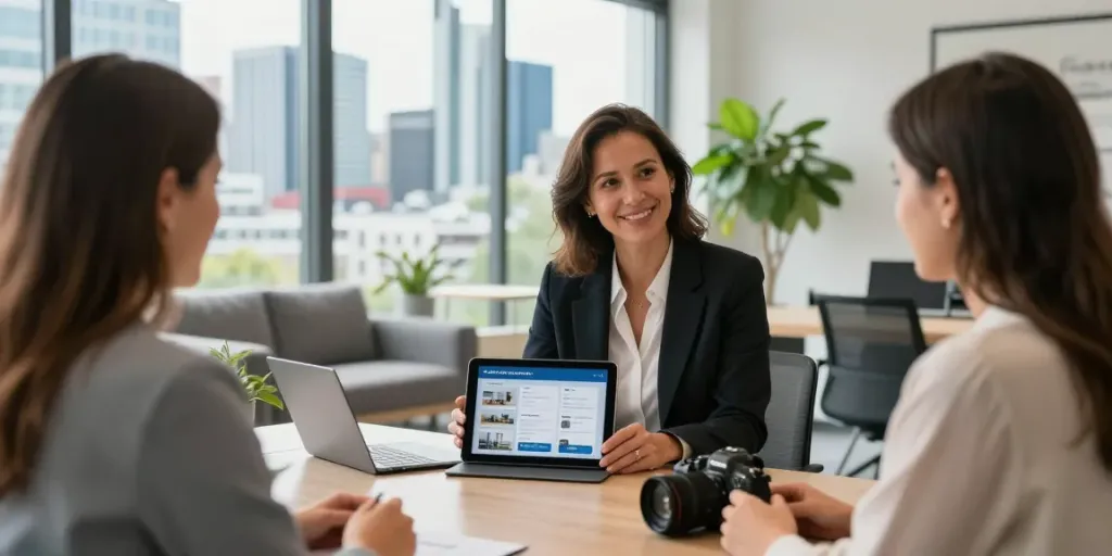 Bester Immobilienmakler Frankfurt berät Klienten in modernem Büro mit Stadtblick.
