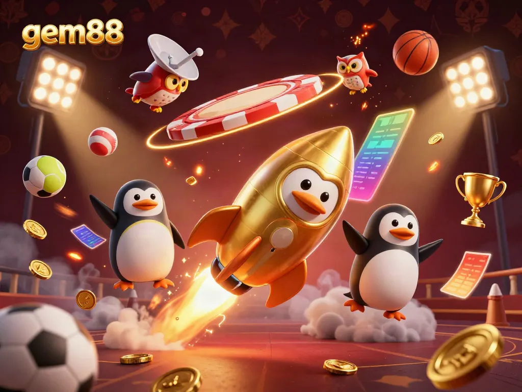 Experience the thrilling world of gem88 with a cartoon penguin and a dynamic casino scene.