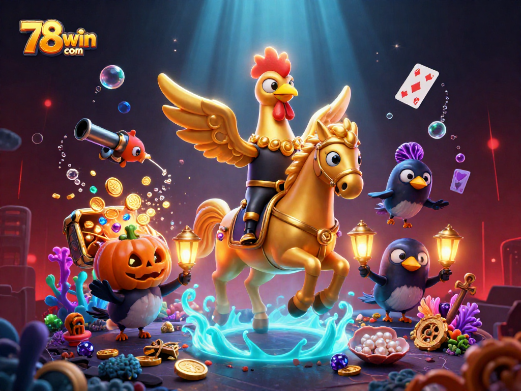 Bustling casino scene showcasing 78win com with a golden rooster and mystical elements celebrating thrilling wins and treasures.