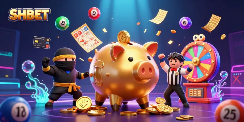 Experience the thrill at SHBET with a dynamic casino scene featuring vibrant characters and exciting game elements.