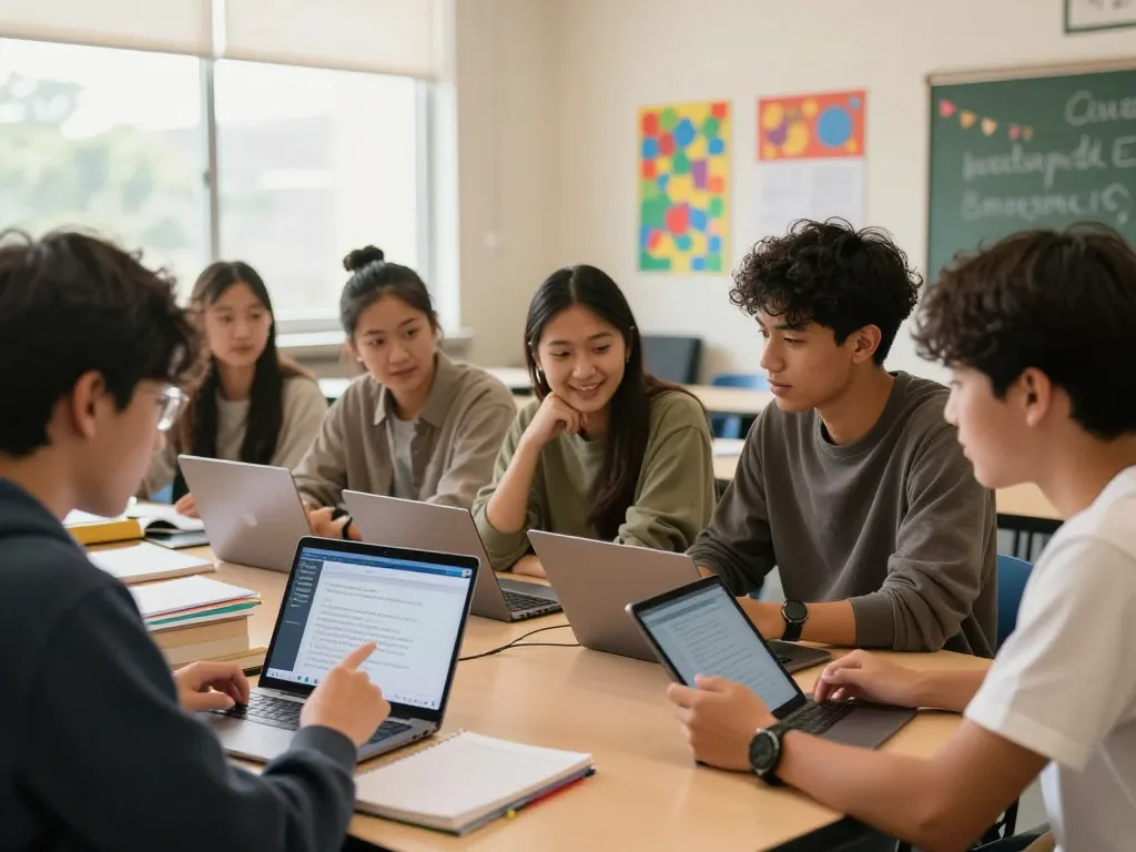 Schüler verwenden die Hausaufgaben Scanner-App in einer kollaborativen Klassenzimmersituation.