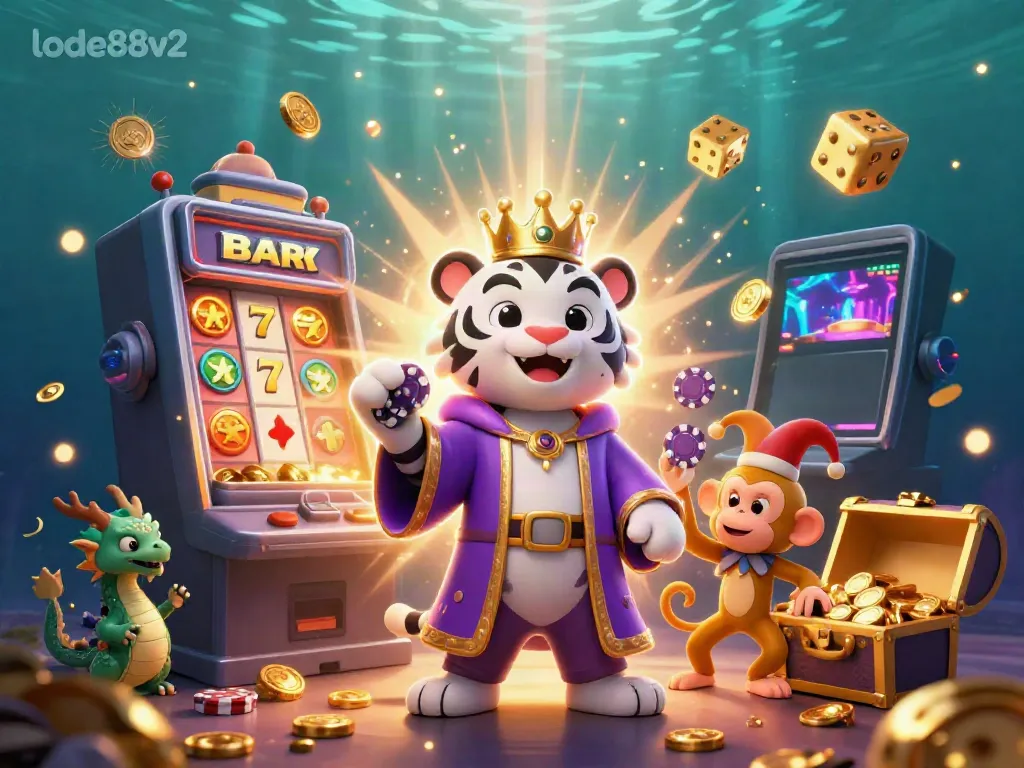 Join the adventure in the lode88v2 casino, where a royal white tiger, golden monkey, and jade dragon interact amidst a jackpot explosion.