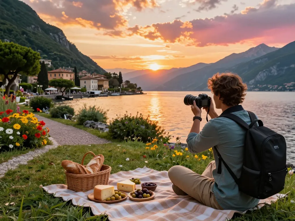 Urlaub am Gardasee bei Sonnenuntergang genießen, Reisender fängt atemberaubende Landschaften mit lokalen Köstlichkeiten in der Nähe ein.