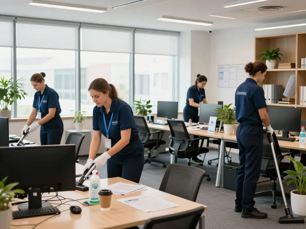 Experten für Büroreinigungsdienste, die Gebäudereinigung für Unternehmen in Emsdetten demonstrieren, mit einem Team von Fachleuten zur Verbesserung der Sauberkeit am Arbeitsplatz.