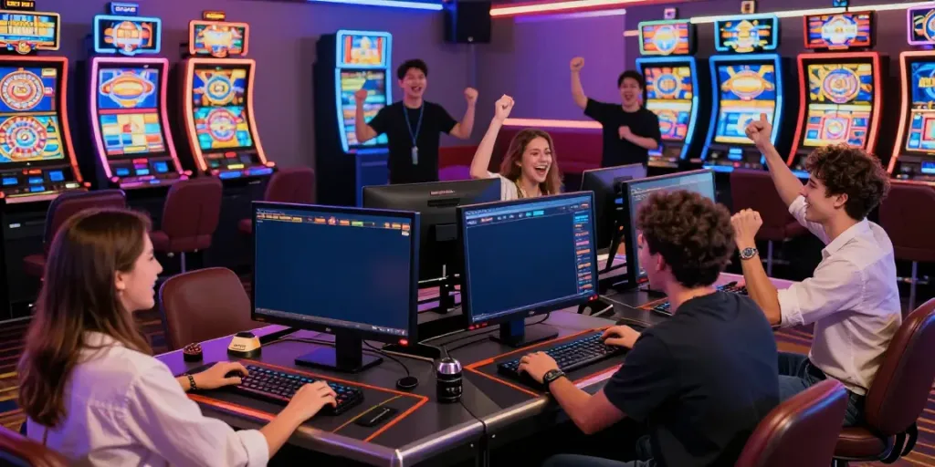 Nbet online gaming environment with players engaged in casino activities and vibrant decor