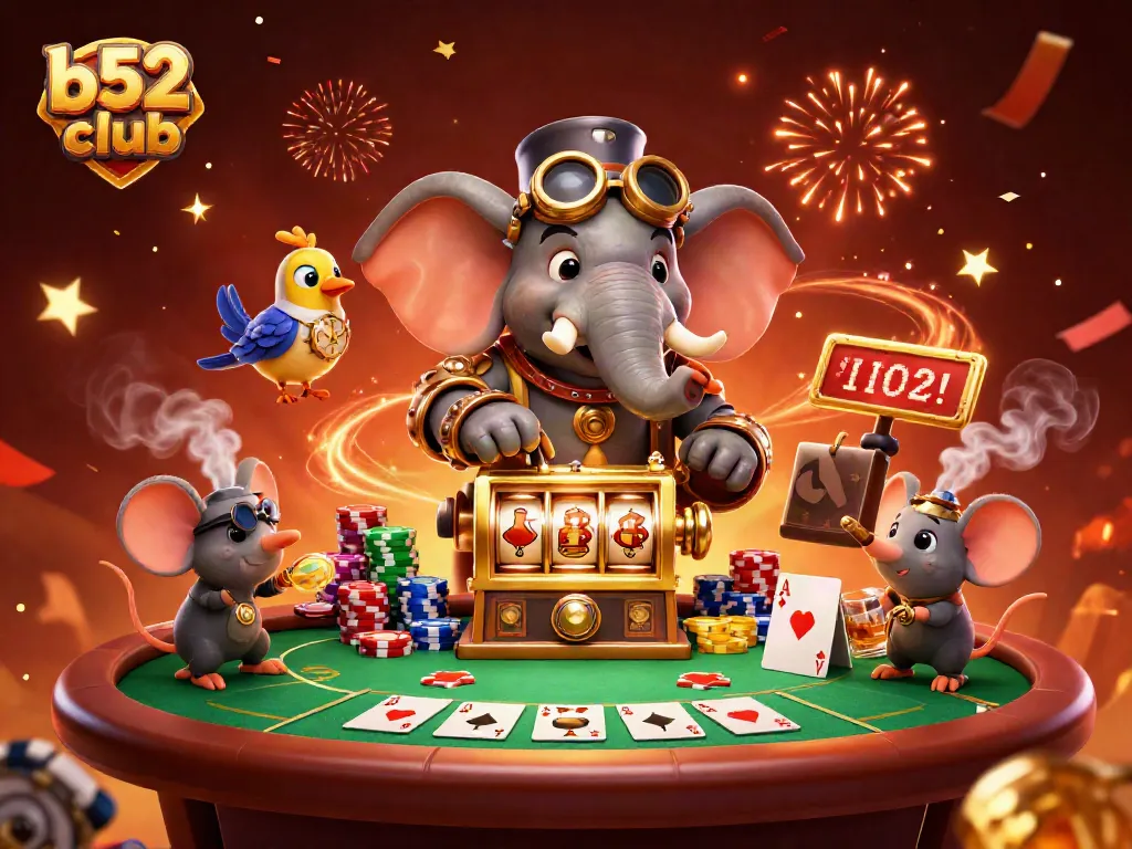b52club depicts a lively steampunk scene with a dazzling slot machine and poker elements, showcasing the excitement of casino gaming.