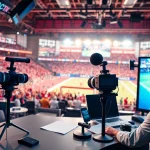 Engaging sports broadcasting scene with commentators and an excited crowd.