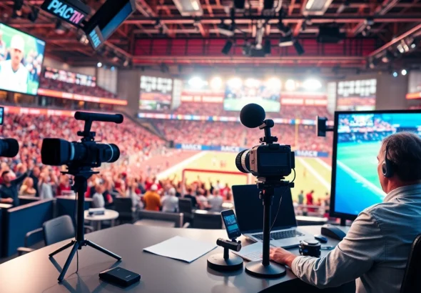 Engaging sports broadcasting scene with commentators and an excited crowd.