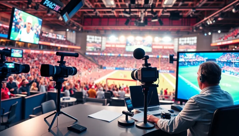 Engaging sports broadcasting scene with commentators and an excited crowd.
