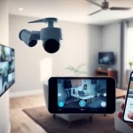 Cámaras de seguridad integradas en un espacio de vida moderno, que muestran un sistema de monitoreo que garantiza seguridad y confianza.