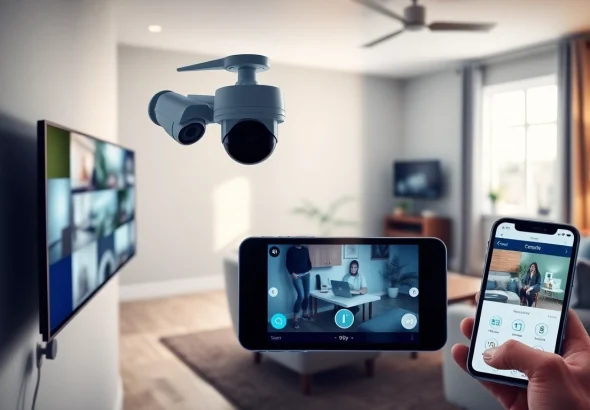 Cámaras de seguridad integradas en un espacio de vida moderno, que muestran un sistema de monitoreo que garantiza seguridad y confianza.