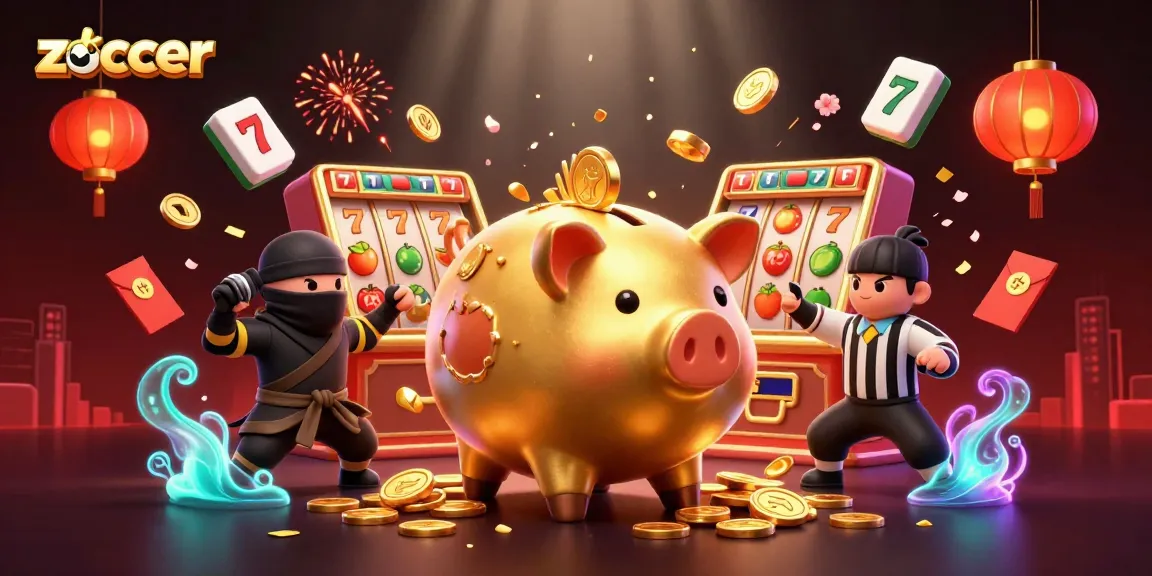 Zoccer unleashes exciting casino action with golden piggy bank, dynamic characters, and vibrant game elements.