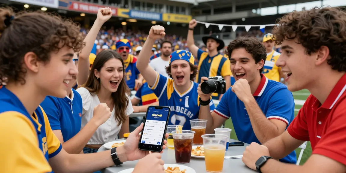 กลุ่มเพื่อนที่สนุกสนานรอบการแสดงผล playme8 sportsbook ที่สนามกีฬาเต็มไปด้วยแฟน ๆ